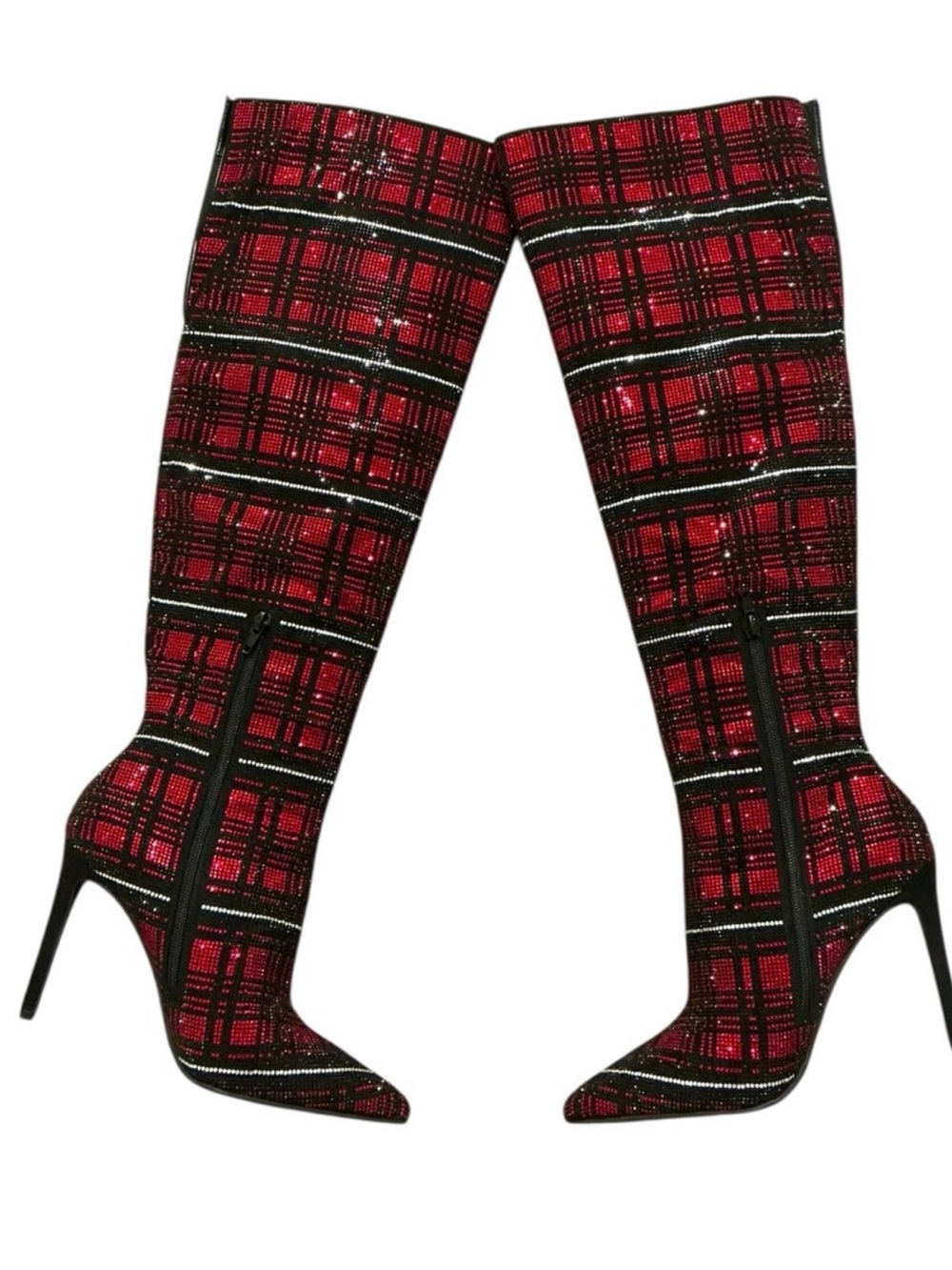 INC International Concepts Red Plaid Over-the-Knee  rhinestone boots